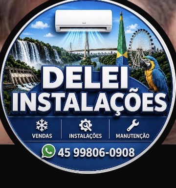 Selo da Delei Instalações com paisagens de Foz do Iguaçu: as Cataratas, a usina de Itaipu, uma ponte estaiada, a roda-gigante e uma arara-canindé.